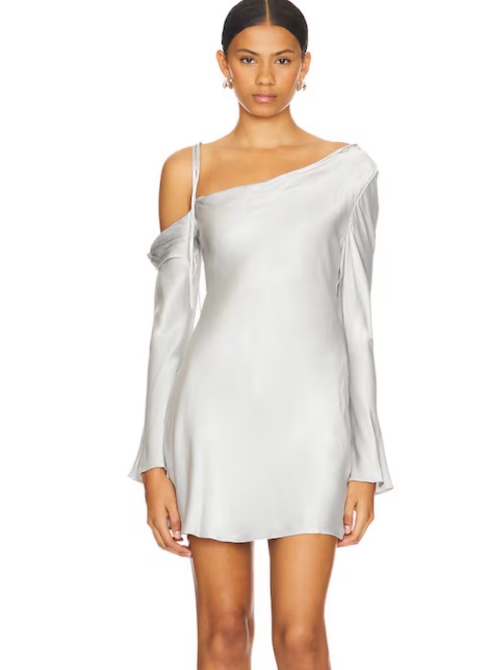 Shona Joy Sofia Asymmetrical Long Sleeve Mini Dress in Silver